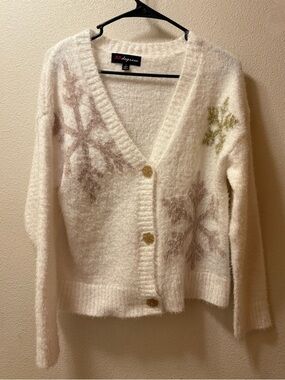 Fuzzy V‑Neck Cardigan with Gold Snowflake Accents